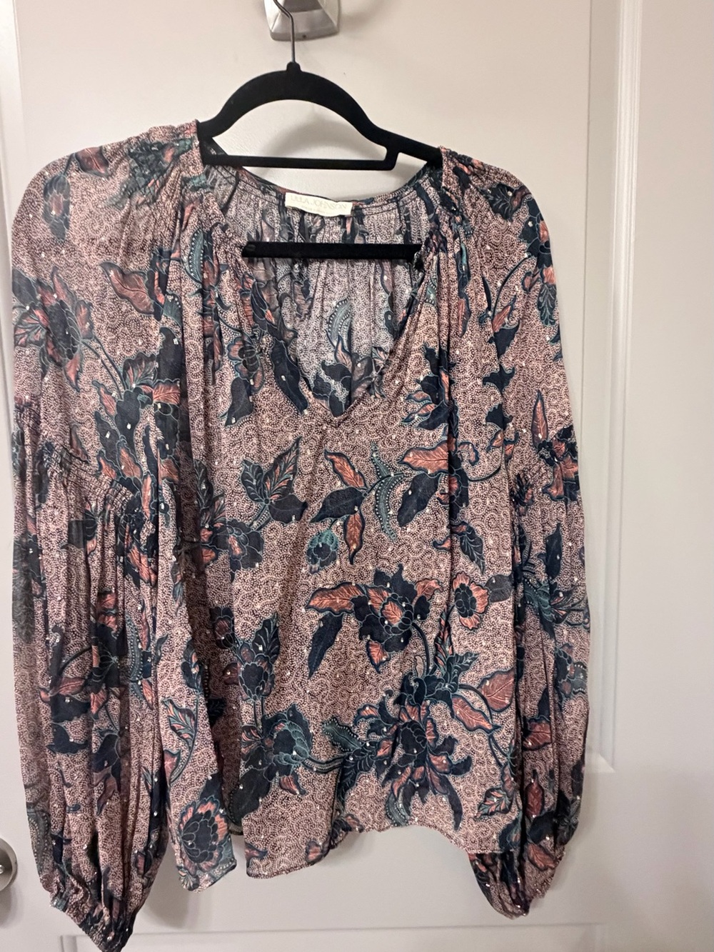 Ulla Johnson Pink and Navy Paisley Floral V-Neck Blouse